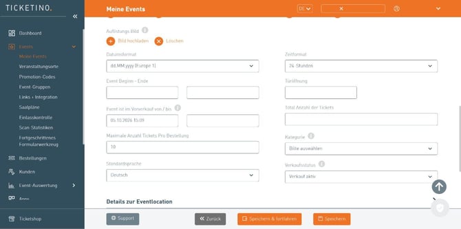 TICKETINO Cockpit: Felder für Datum, Zeit, Vorverkauf, Ticketanzahl, Kategorie und Verkaufsstatus