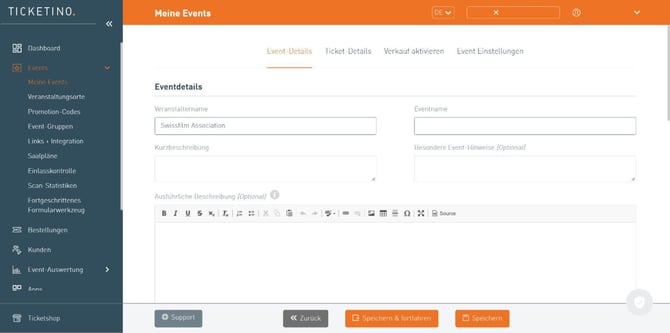 TICKETINO Cockpit: Formular Eventdetails beim Erstellen eines neuen Events