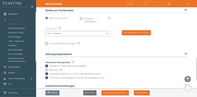 TICKETINO Cockpit: Abschnitte Details zur Eventlocation und Zahlungsmöglichkeiten beim Erstellen eines Events